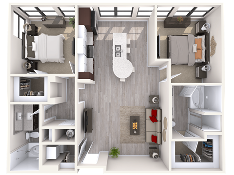 Floor plan for 2 beds, 2 baths, 1169 sqft